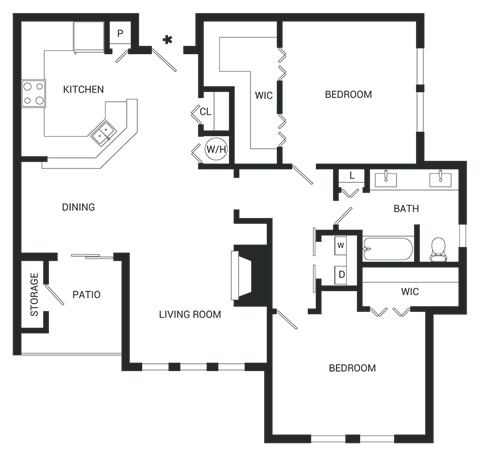 Floor plan for 2 beds, 1 bath, 1140 sqft